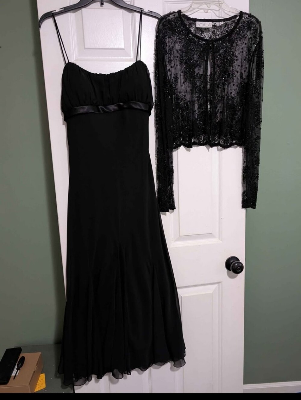 Black Spaghetti Strap Evening Gown with Beaded Jacket